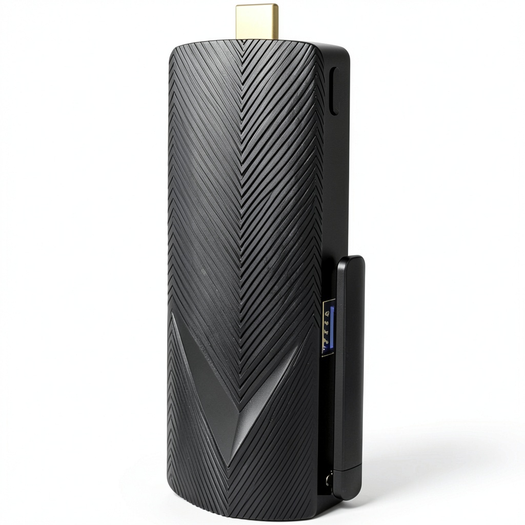 Azulle Access Pro Mini PC Stick connected to a monitor in an office setup