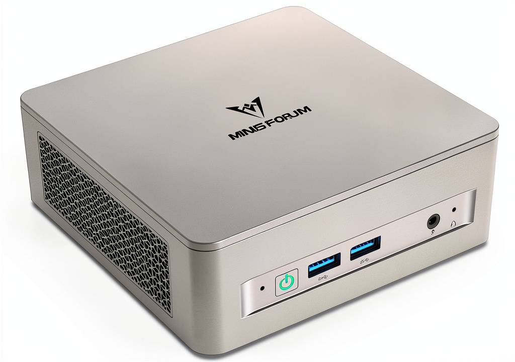 Minisforum UM750L mini PC on a desk with multiple monitors