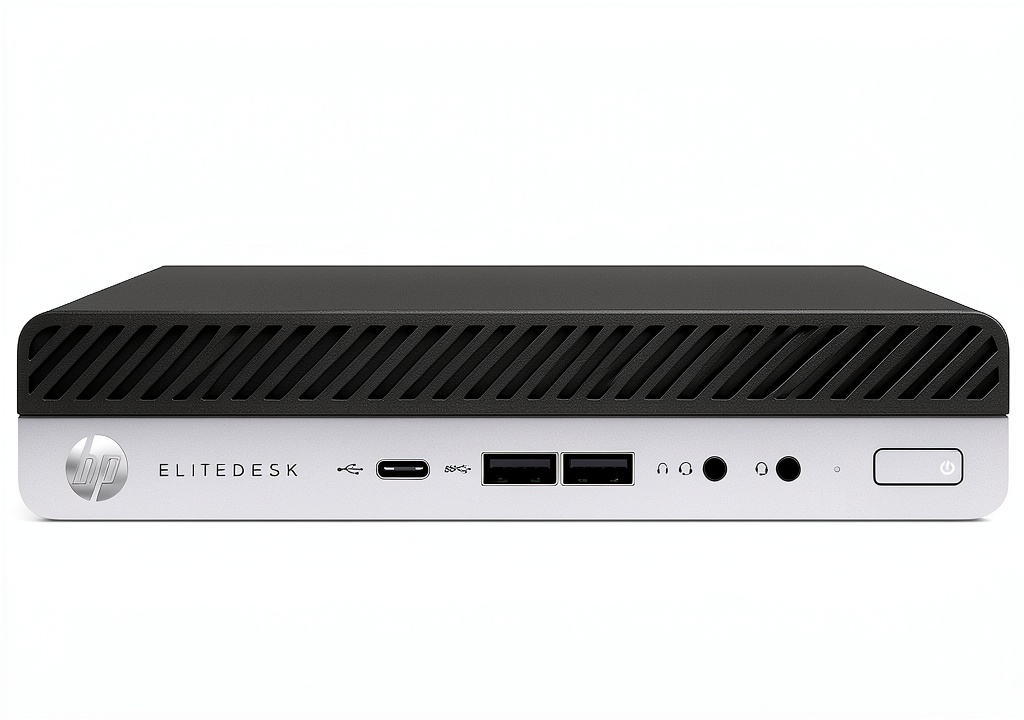 HP EliteDesk 800 G4 Mini PC on a desk with peripherals