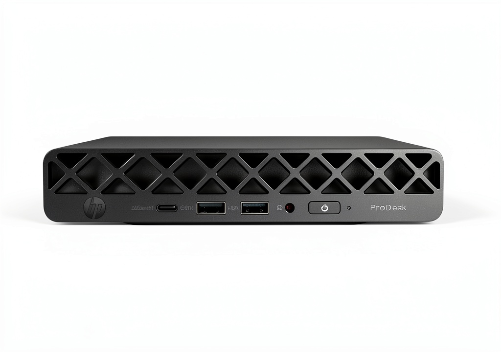 HP ProDesk Mini PC on a modern office desk with connected peripherals