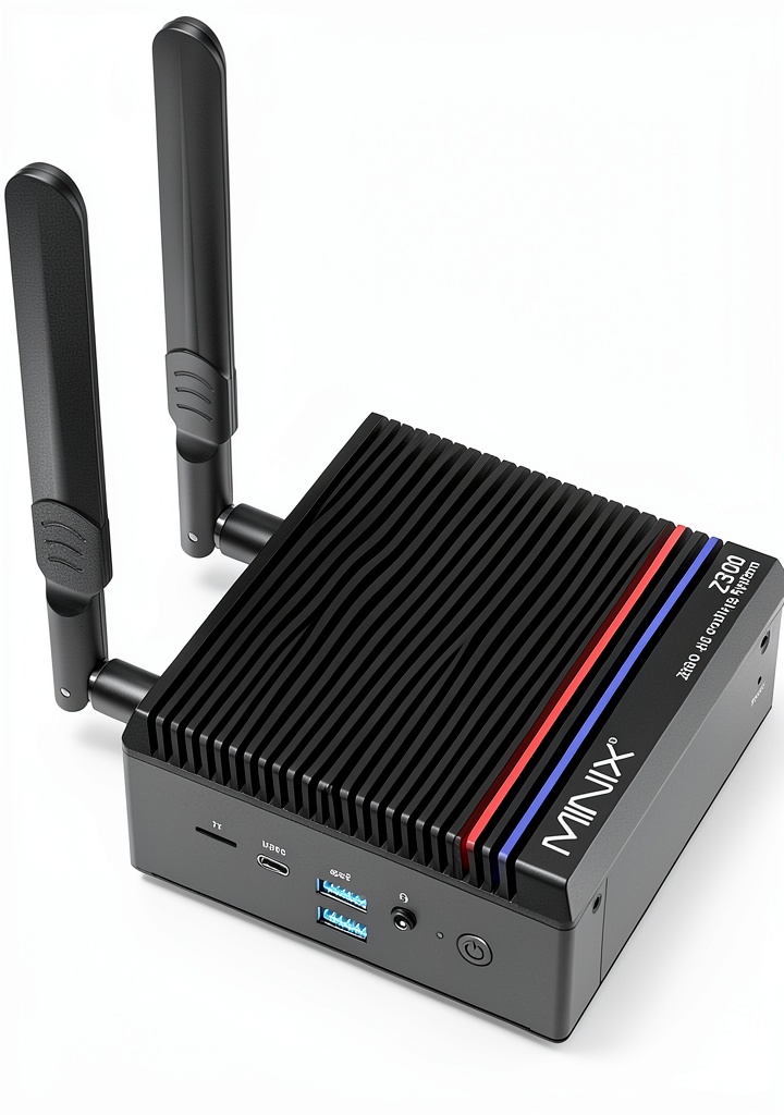 MINIX Z300 Fanless Mini PC on a desk with peripherals
