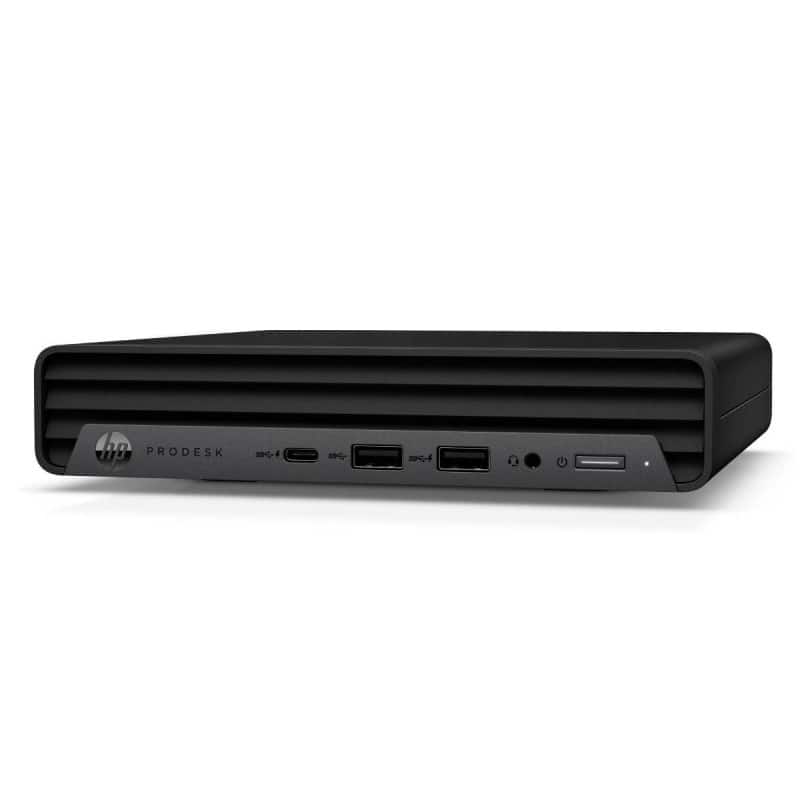HP ProDesk 600 G6 Mini PC on a desk with connected peripherals