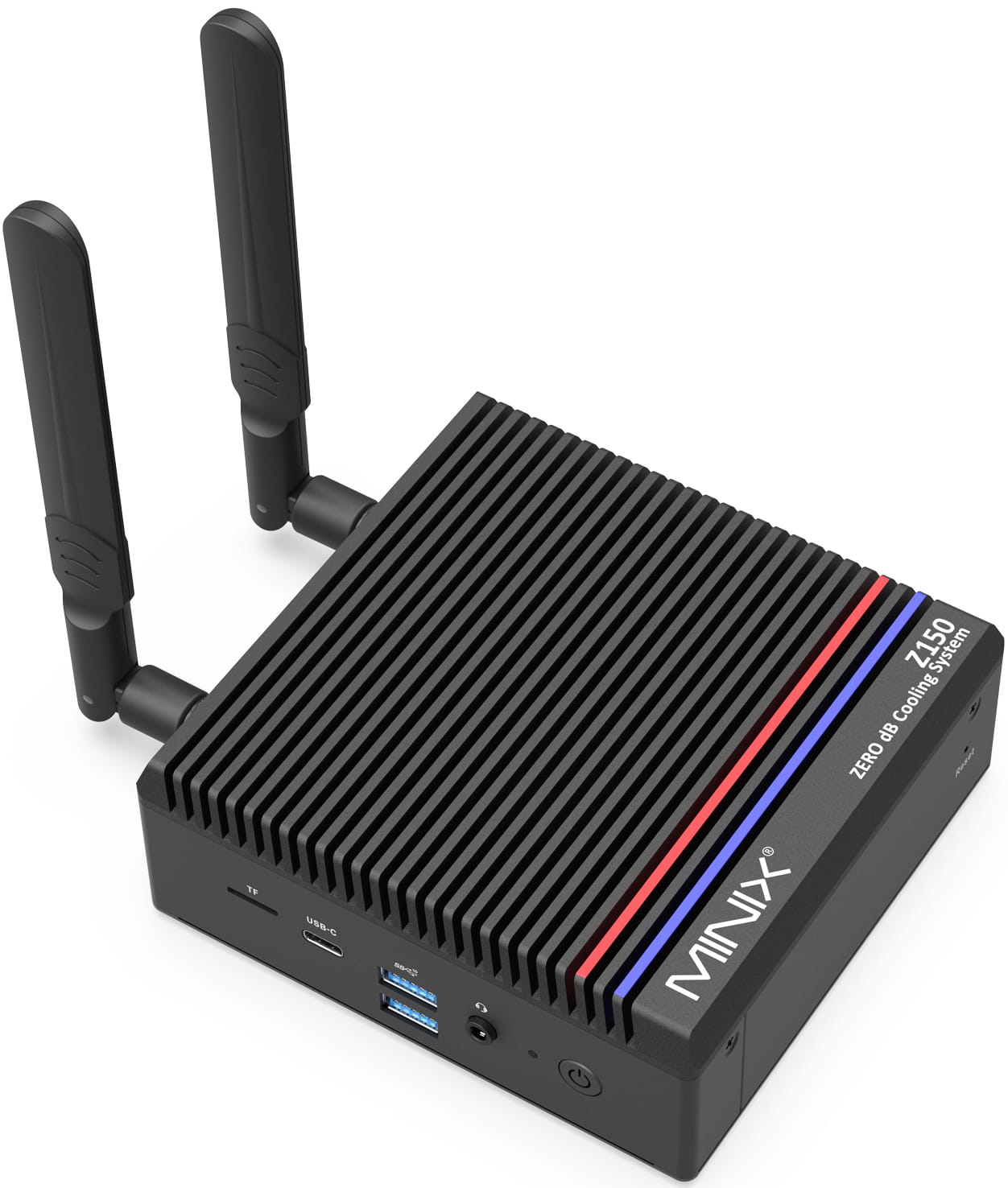 MINIX Z150 Fanless Mini PC on a desk with peripherals