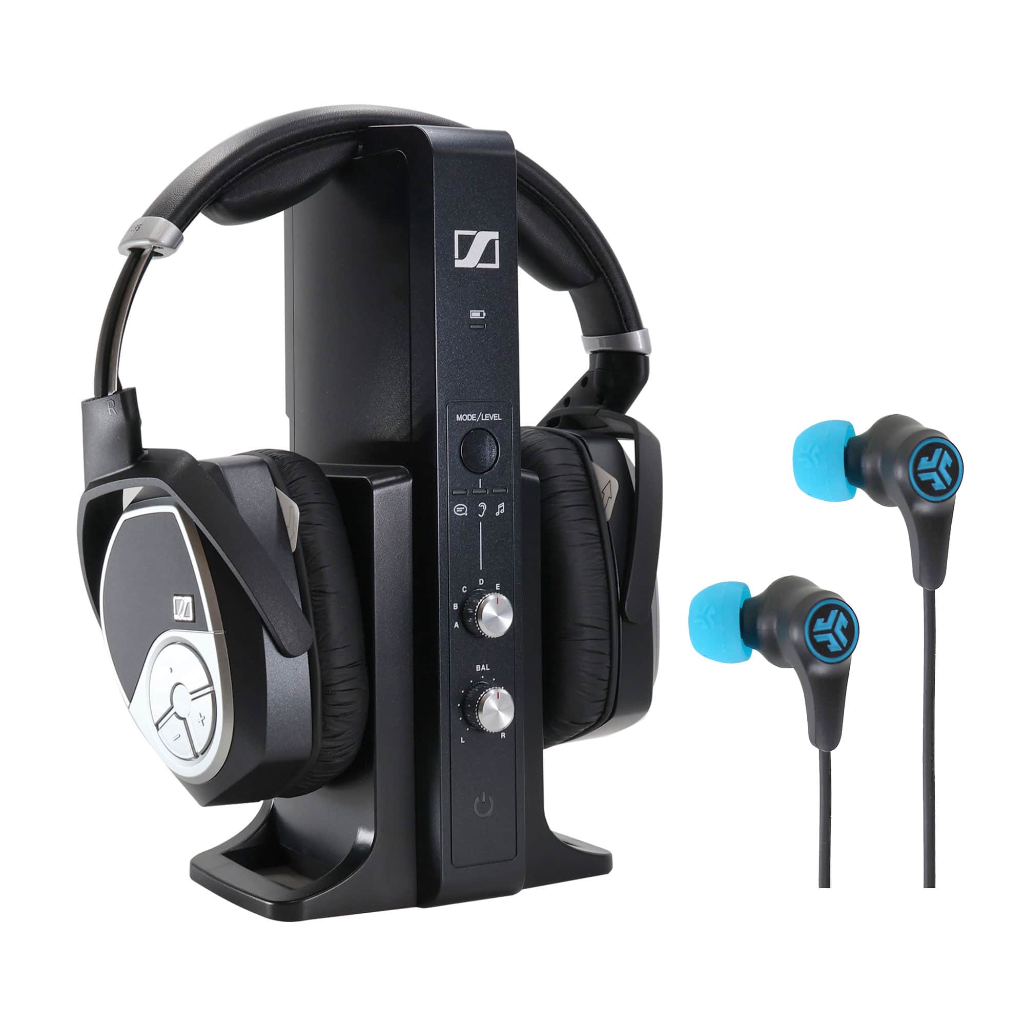 Sennheiser RS 195 headphones connected to a TV transmitter