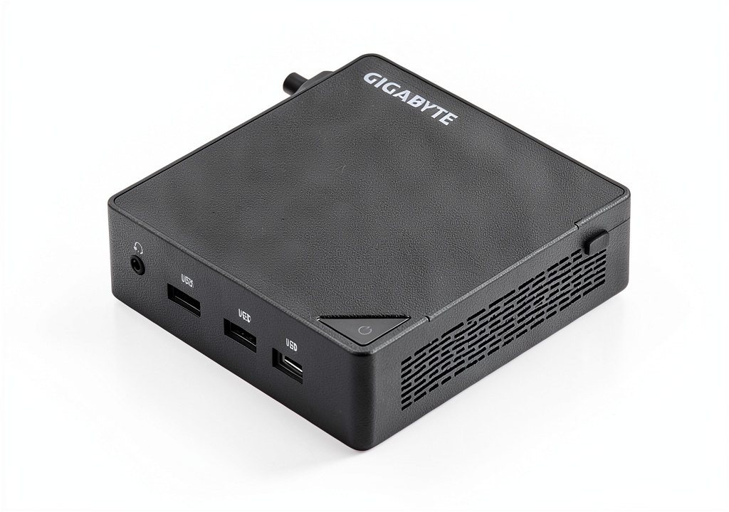 GIGABYTE BRIX Mini PC on a desk with multiple monitors