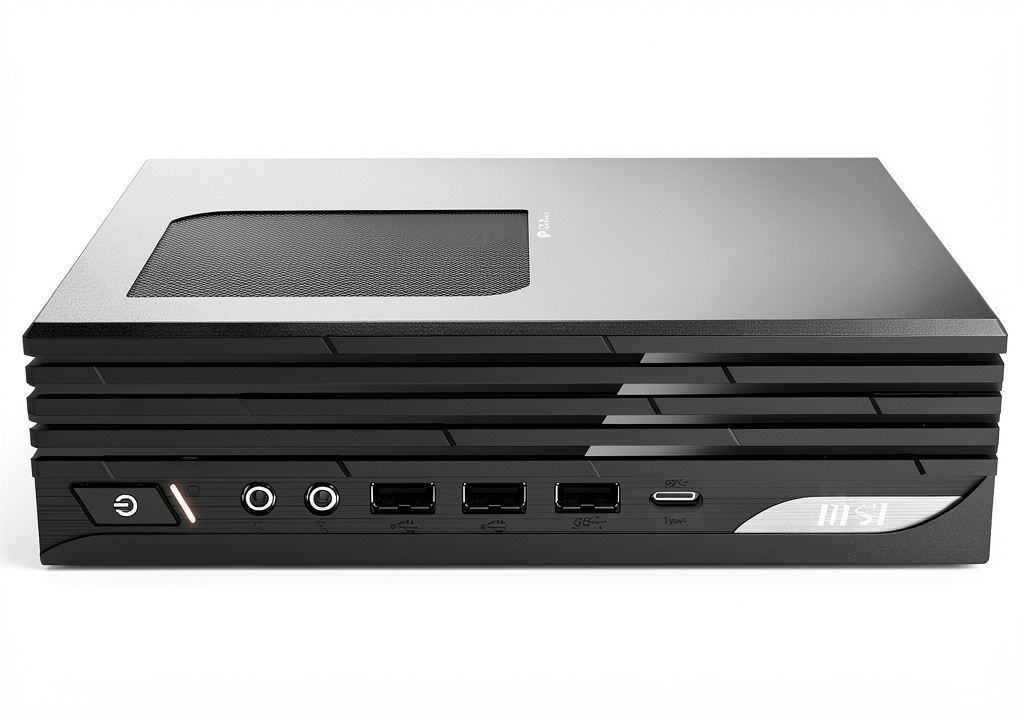 MSI Mini PC PRO DP21 on a desk with peripherals