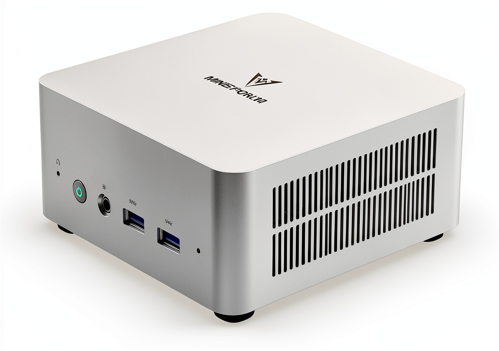 Minisforum UN1250 Mini PC on a desk with peripherals