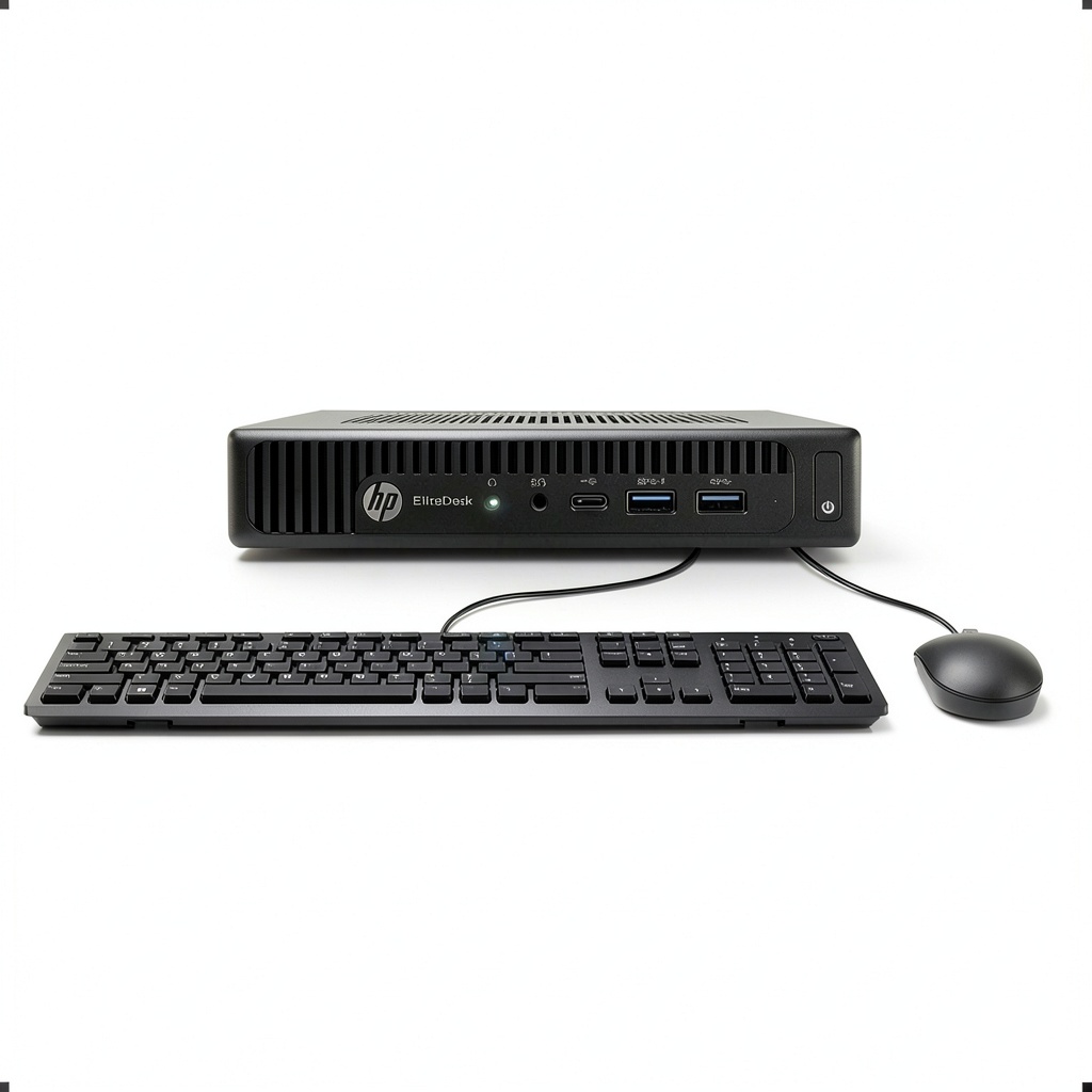 HP EliteDesk 800G2 Mini PC on a desk with connected accessories