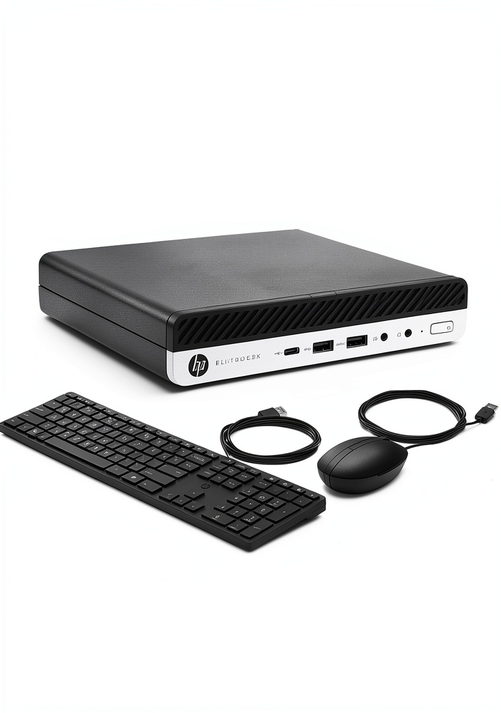 HP EliteDesk 800 G5 Mini PC on a desk with connected monitors