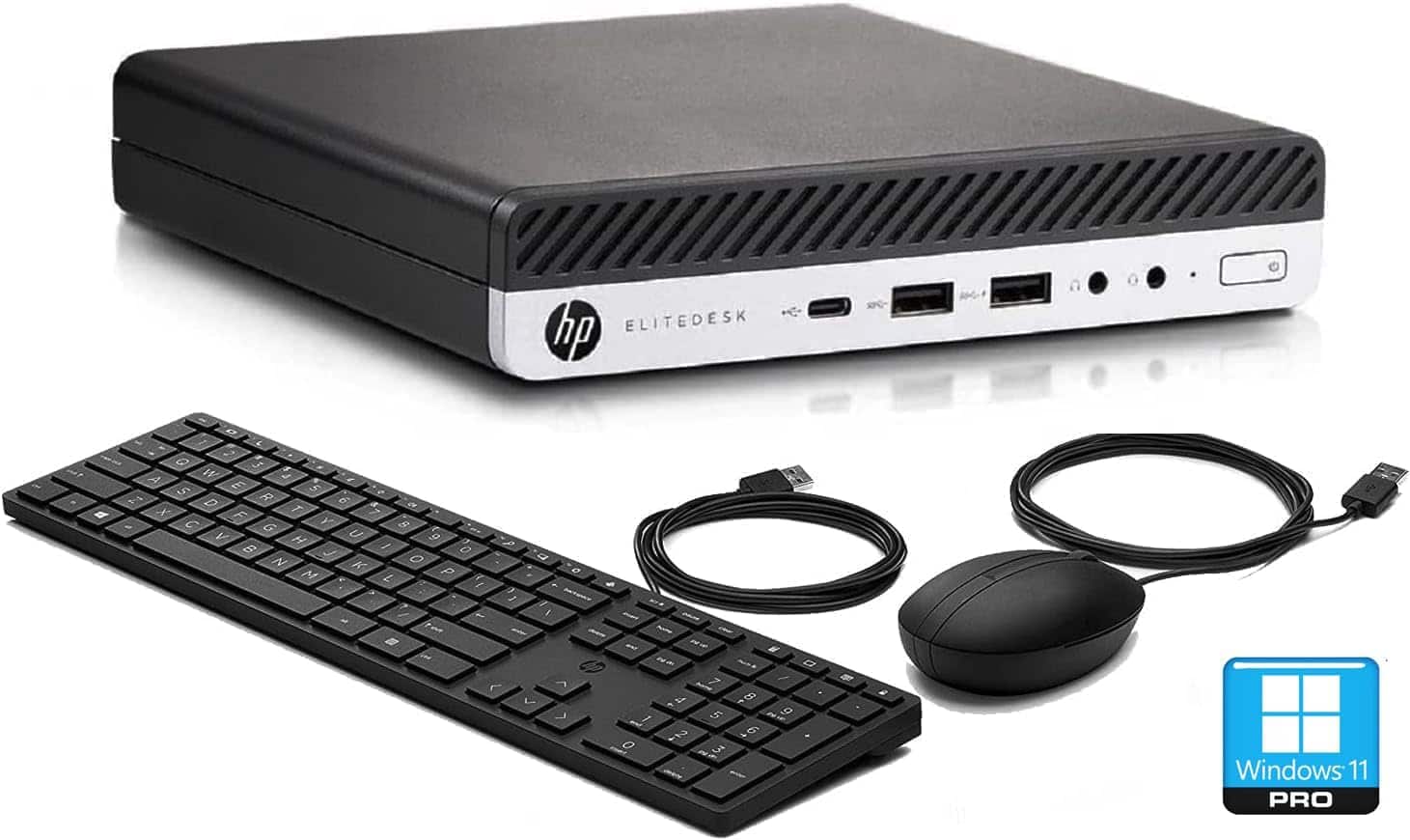 HP EliteDesk 800 G5 Mini PC on a modern desk with keyboard and mouse