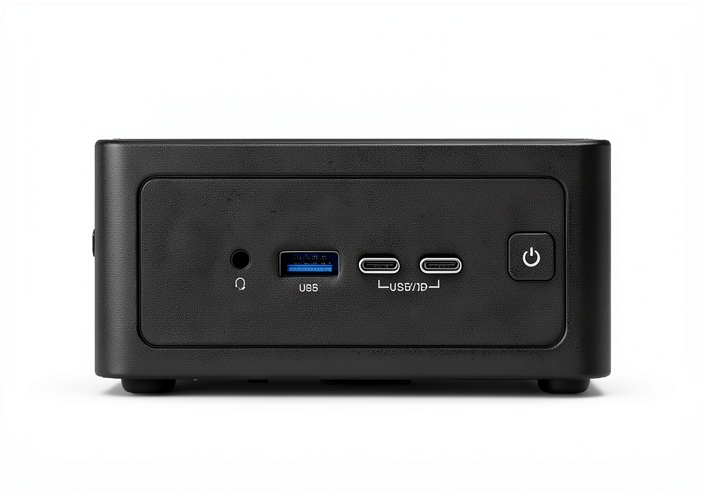 ASRock Industrial NUC BOX-255H Mini PC Barebone on a desk setup