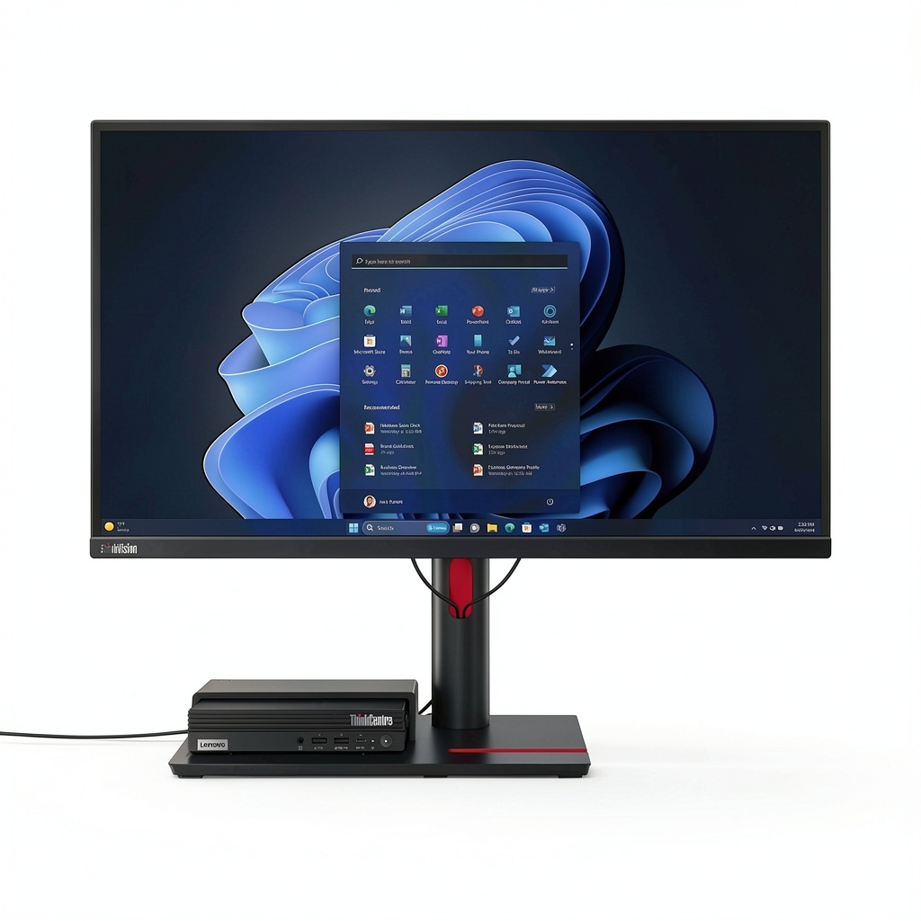 Lenovo ThinkCentre M70q desktop on an office desk with peripherals