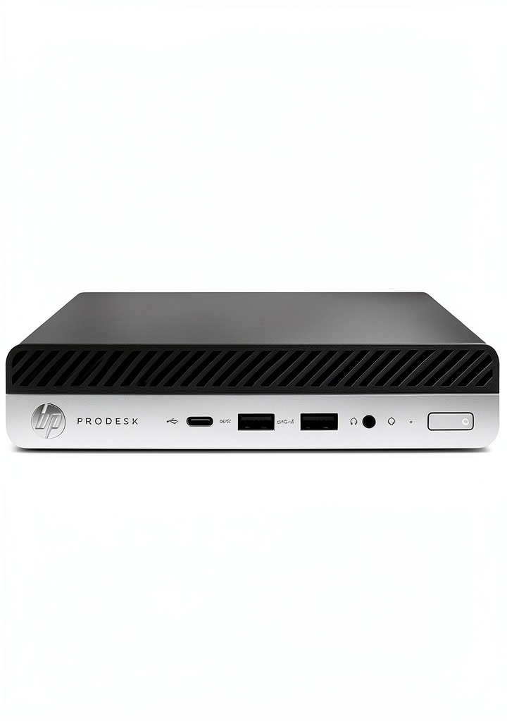 HP ProDesk 600 G4 Mini PC on a modern desk with connected peripherals