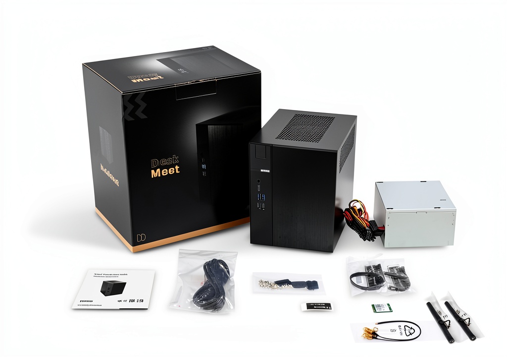ASRock DESKMEET X300 Mini PC showing front and rear ports