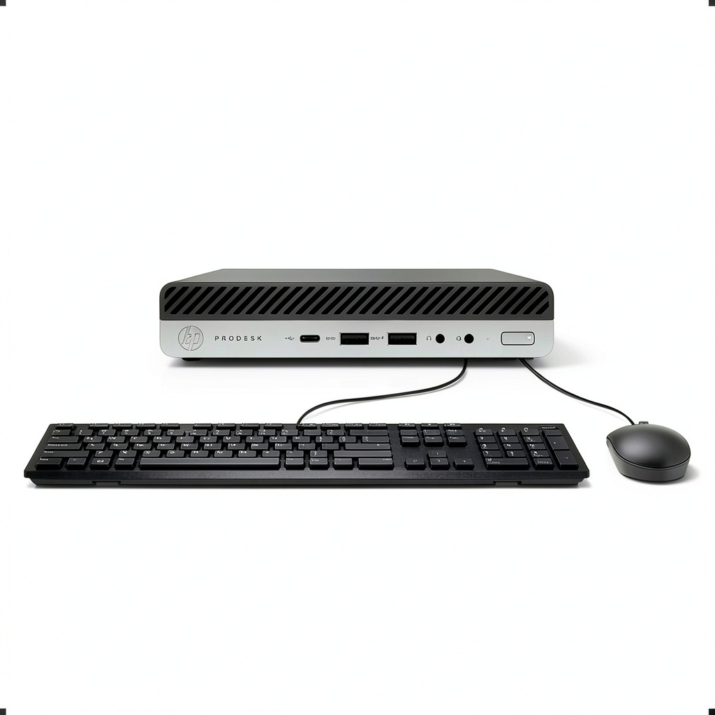 HP ProDesk 600 G3 Mini PC on a desk with dual monitors