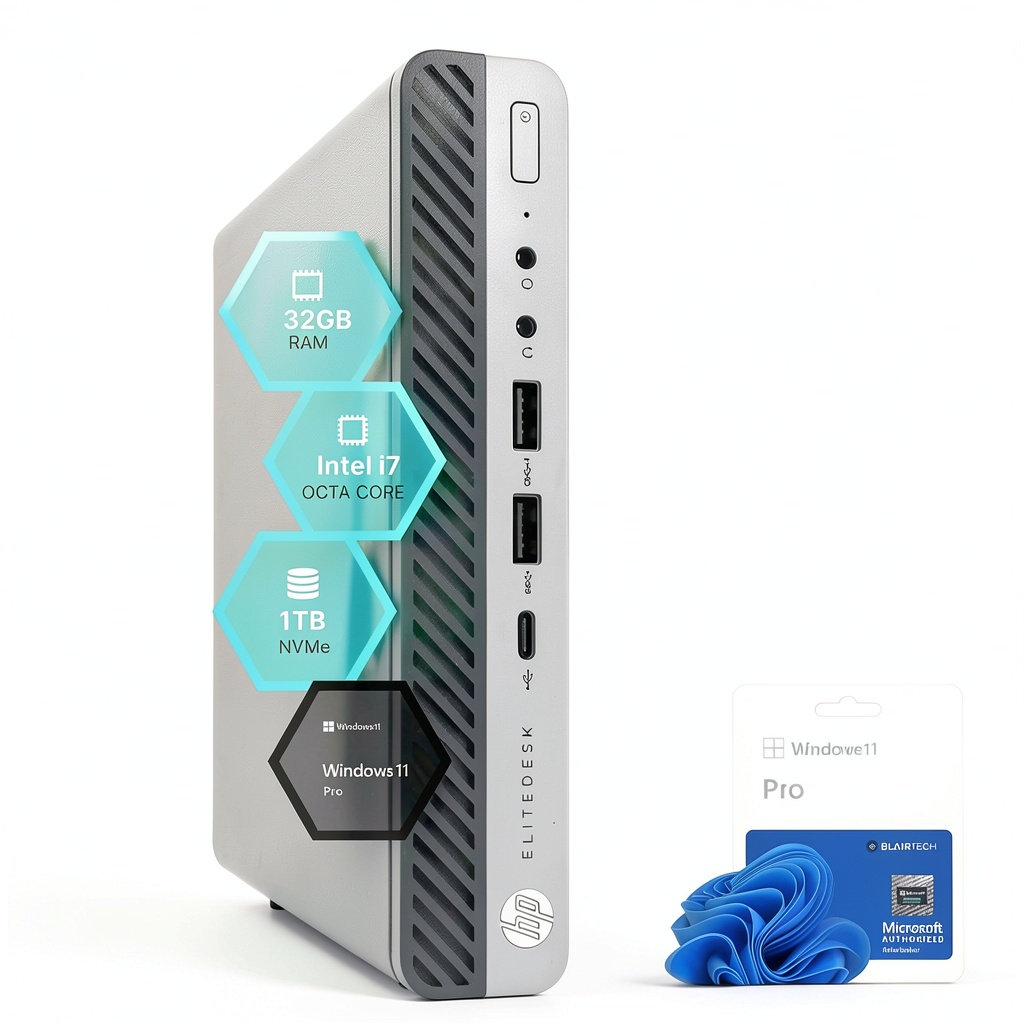 HP EliteDesk 800G5 Mini Computer on a desk with accessories