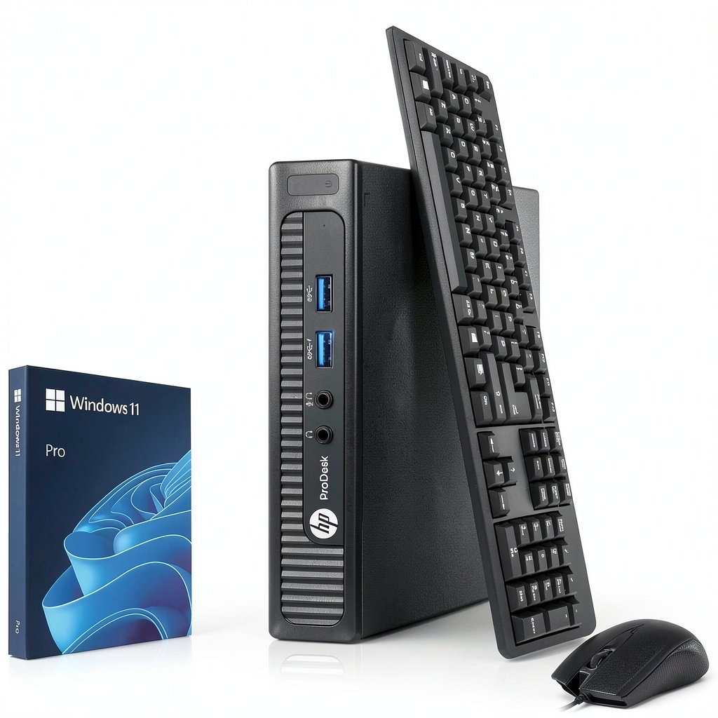 HP ProDesk 600 G1 Tiny Desktop on a desk with peripherals
