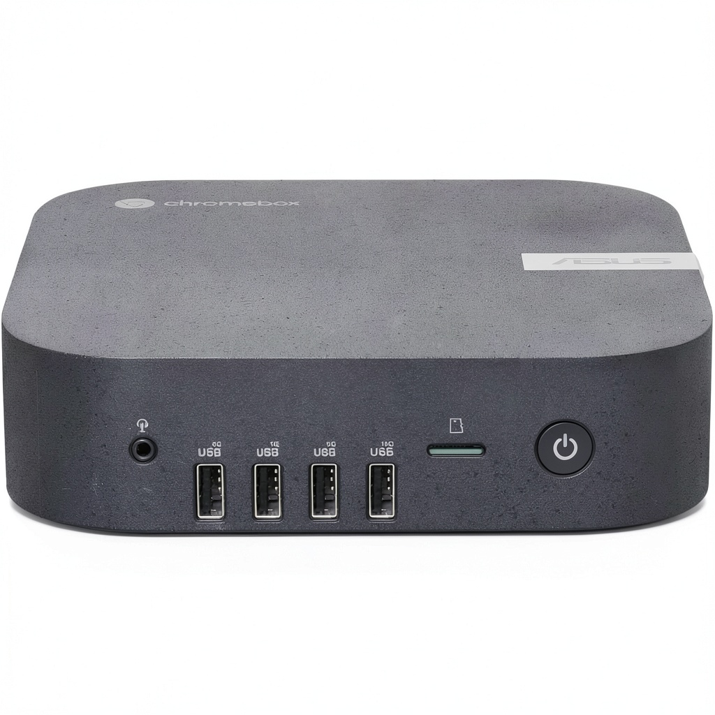 ASUS Chromebox 5a Mini Desktop Computer on a desk with accessories