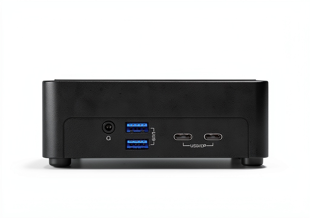 ASRock NUCS BOX 255H Mini PC on a desk with peripherals