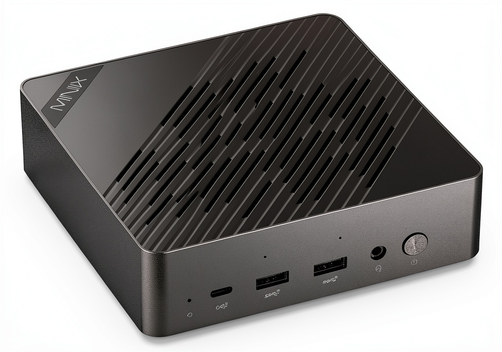 MINIX Elite EU715-AI mini PC showing ports and compact design